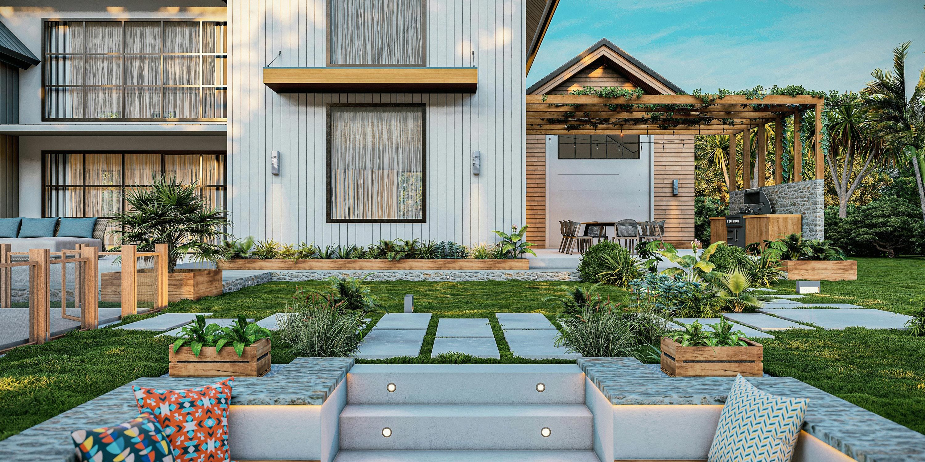 A modern outdoor living space with a white house facade, a pergola-covered dining area, and a sleek outdoor kitchen.