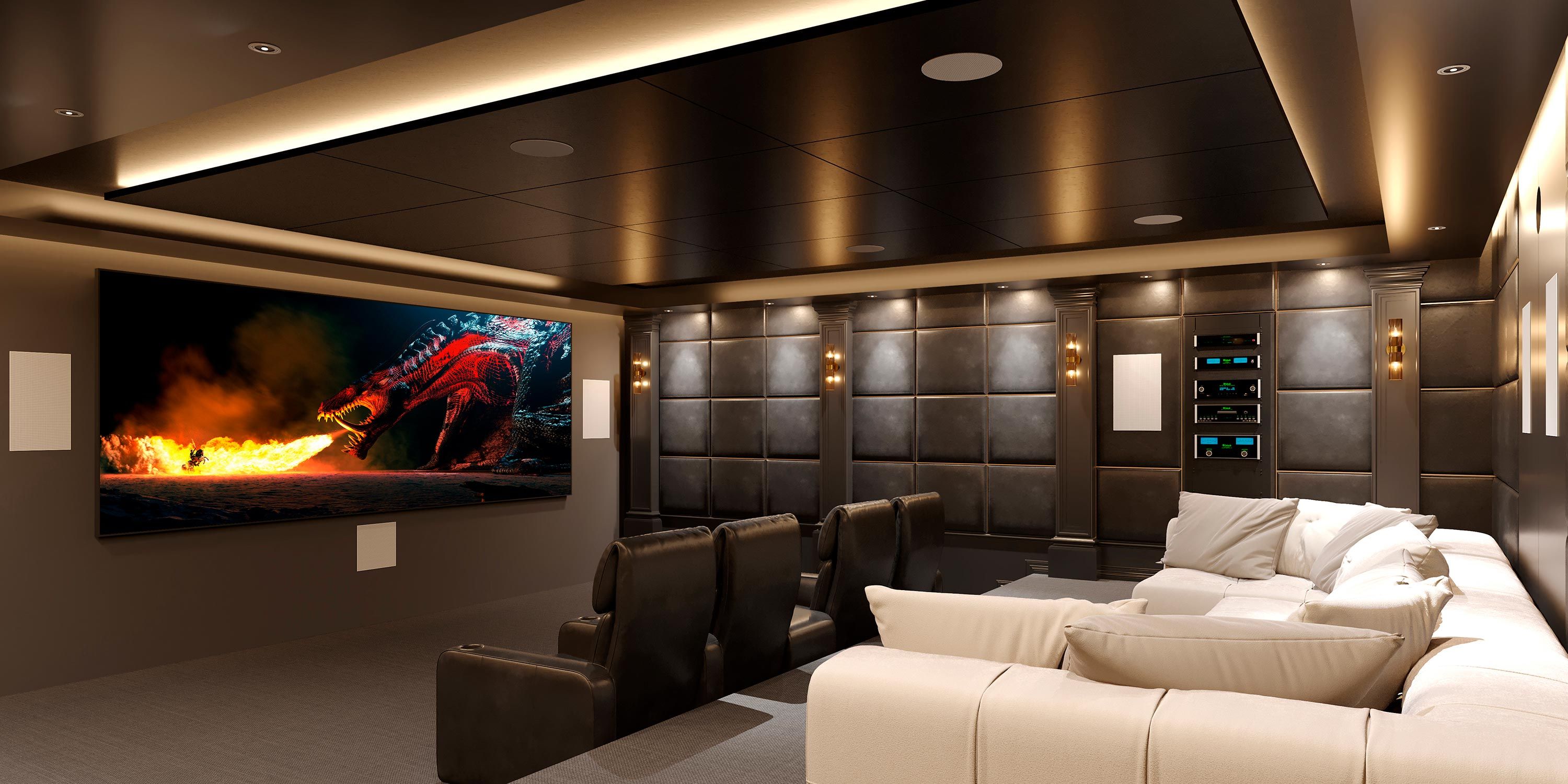 A home theater with a large screen showing a dragon, plush seating, and a sleek, modern design.